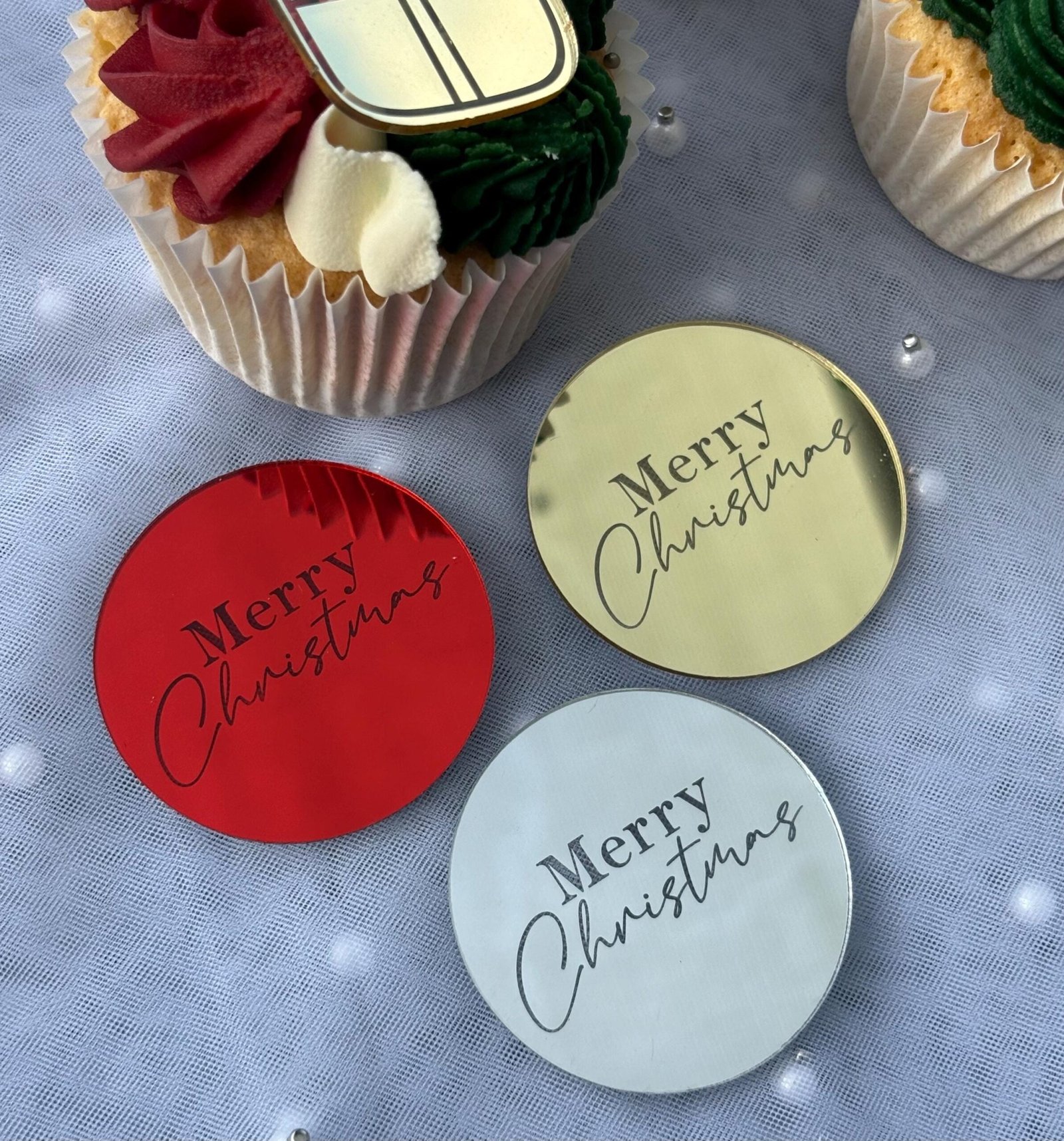 Merry Christmas Acrylic Disc, Gold, Red, Silver.