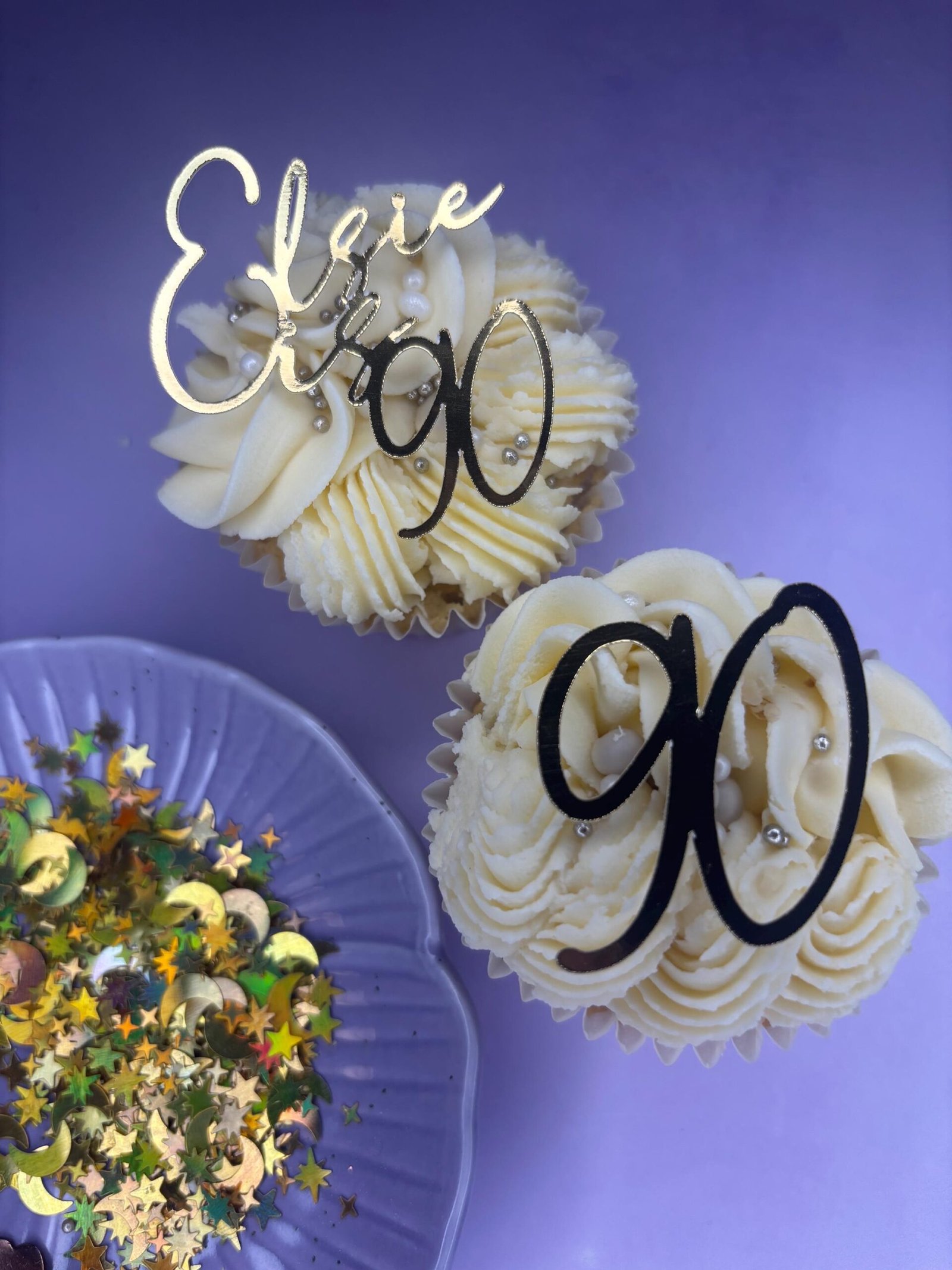 Personalised Cupcake Topper Script Font Name turns age & Age Bundle - Customisable - Gold Mirror Card - Image 5