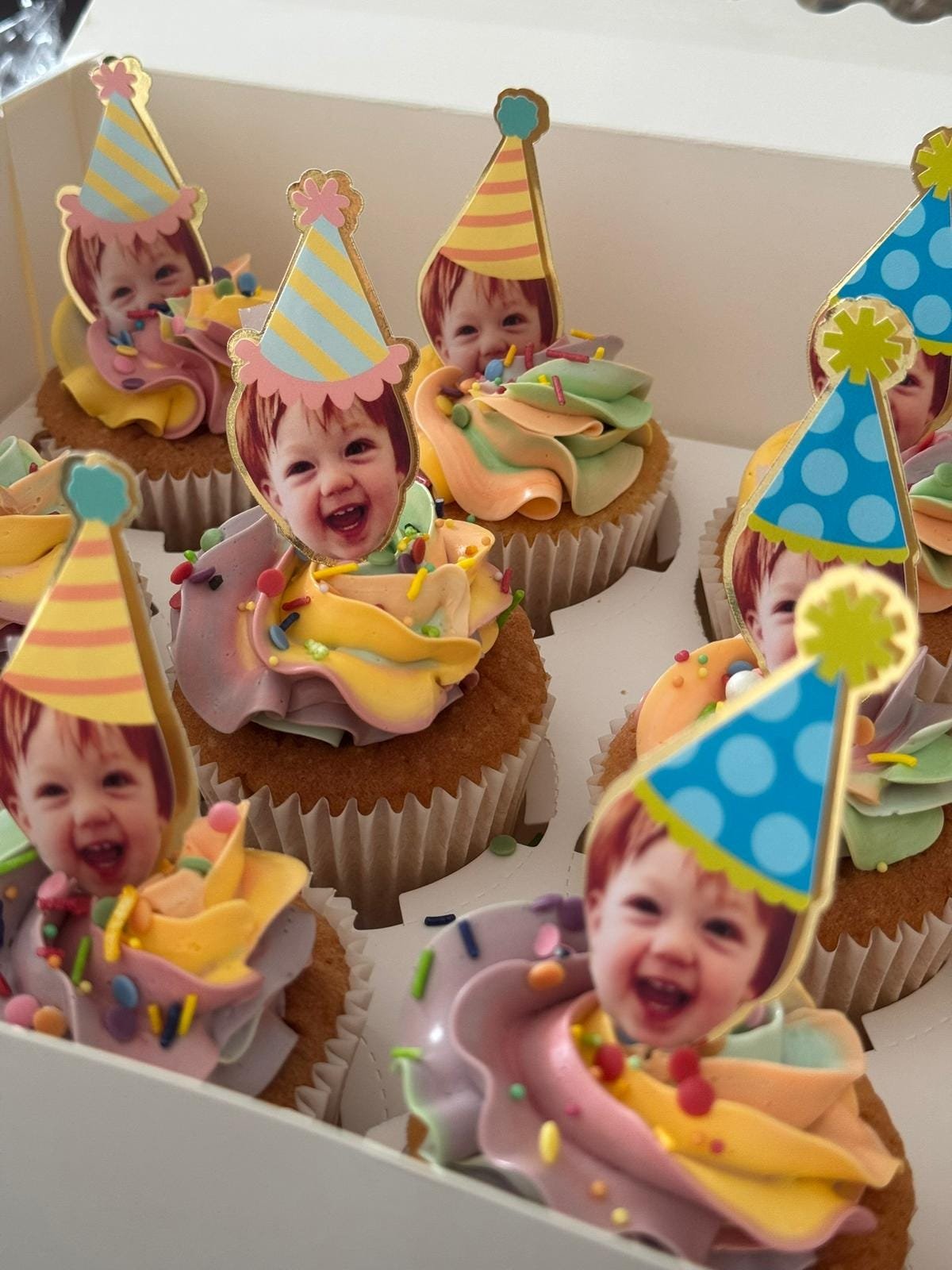 Customisable Party Hat & Face Card Cupcake Toppers - Birthday Hat Toppers - Random Hats - Backed on Gold Mirror Card - Lovely Bubbly Makes