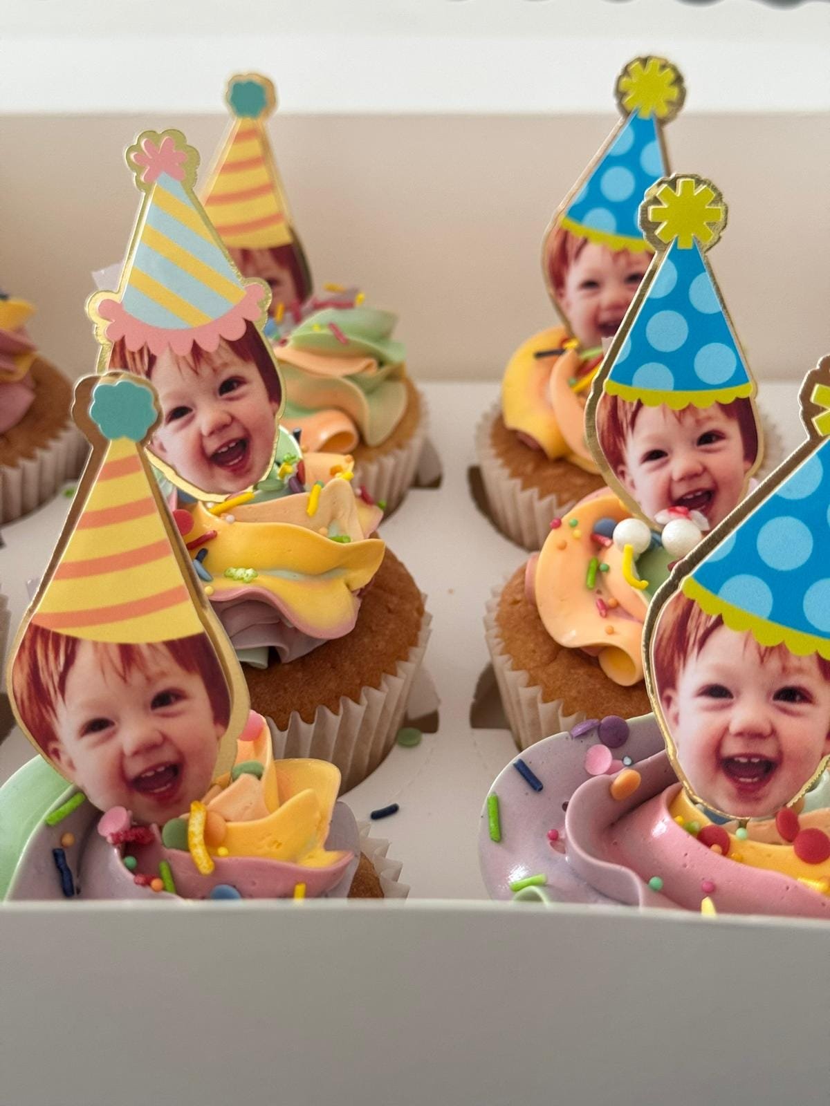 Customisable Party Hat & Face Card Cupcake Toppers - Birthday Hat Toppers - Random Hats - Backed on Gold Mirror Card - Lovely Bubbly Makes - Image 2