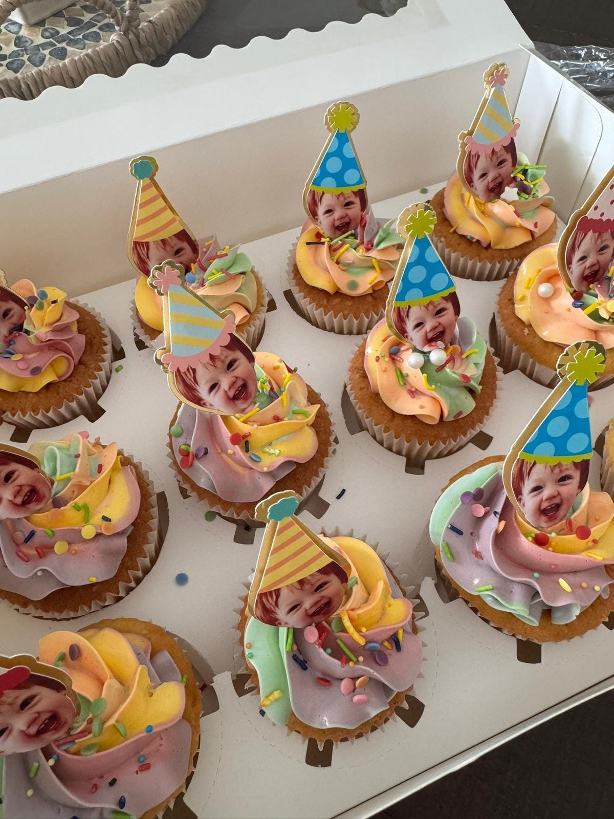 Customisable Party Hat & Face Card Cupcake Toppers - Birthday Hat Toppers - Random Hats - Backed on Gold Mirror Card - Lovely Bubbly Makes - Image 3